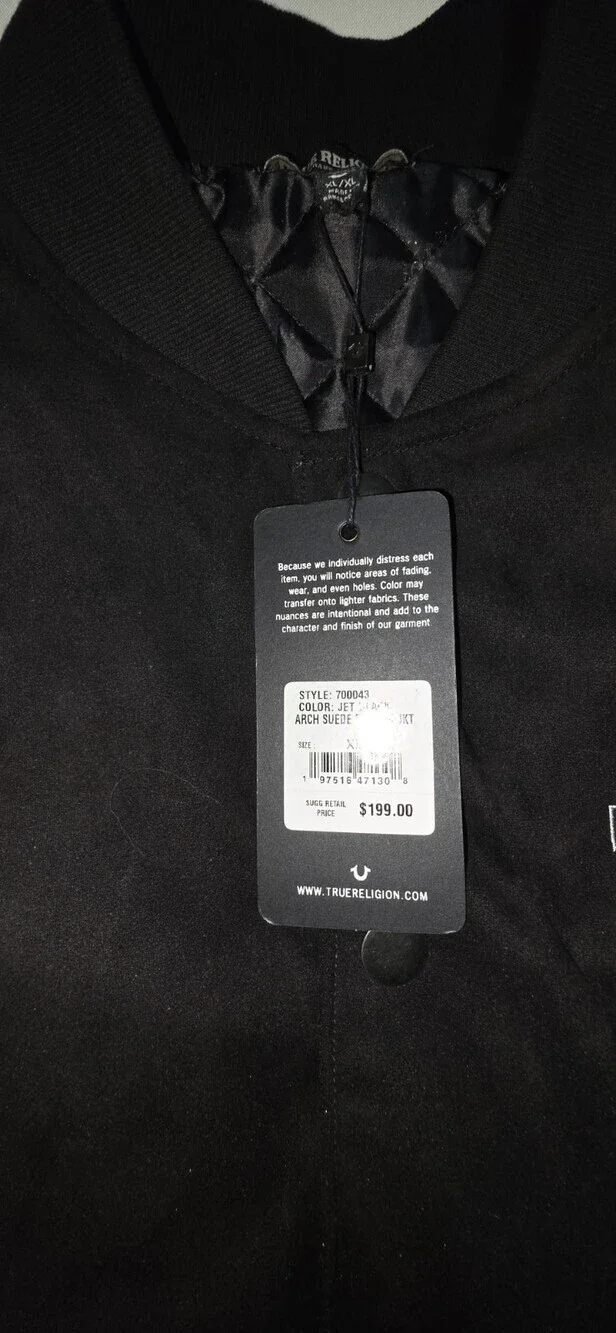 True Religion Men's Arch Suede Bomber Jacket XL with Button-Up Closure Black